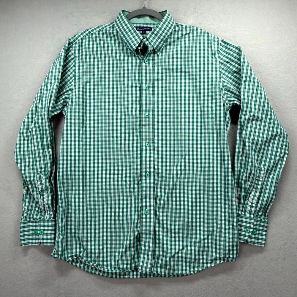 Report Collection Casual Shirt Mens L White Green Plaid Classic Fit Oxford Dress